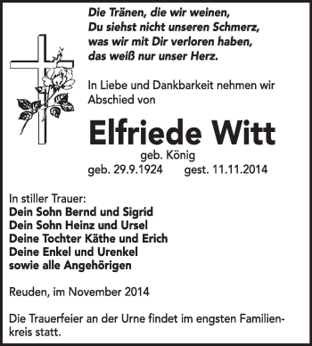 Traueranzeige von Elfriede Witt von WVG - Wochenspiegel Wittenberg