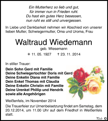 Traueranzeige von Waltraud Wiedemann von WVG - Wochenspiegel NMB / WSF / ZTZ