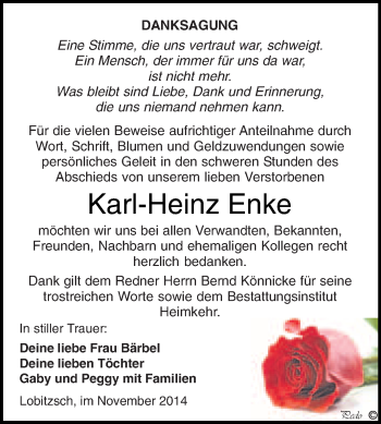 Traueranzeige von Karl-Heinz Enke von WVG - Wochenspiegel NMB / WSF / ZTZ