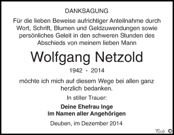 Traueranzeige von Wolfgang Netzold von WVG - Wochenspiegel NMB / WSF / ZTZ