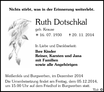 Traueranzeige von Ruth Dotschkal von WVG - Wochenspiegel NMB / WSF / ZTZ