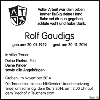 Traueranzeige von Rolf Gaudigs von WVG - Wochenspiegel NMB / WSF / ZTZ