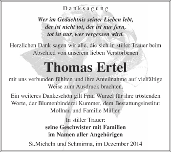 Traueranzeige von Thomas Ertel von WVG - Wochenspiegel Merseburg