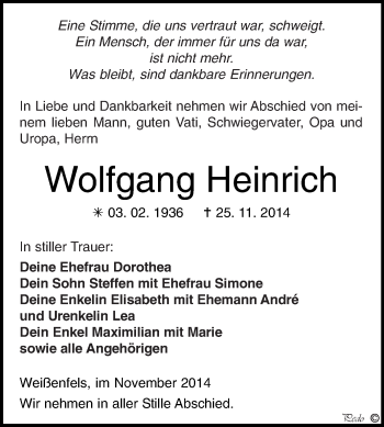 Traueranzeige von Wolfgang Heinrich von WVG - Wochenspiegel NMB / WSF / ZTZ