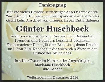 Traueranzeige von Günter Huschbeck von WVG - Wochenspiegel Aschersleben