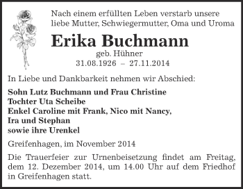 Traueranzeige von Erika Buchmann von Wochenspiegel Mansfelder Land