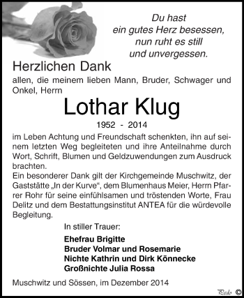 Traueranzeige von Lothar Klug von WVG - Wochenspiegel NMB / WSF / ZTZ