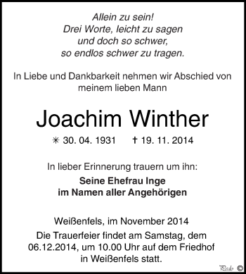 Traueranzeige von Joachim Winther von WVG - Wochenspiegel NMB / WSF / ZTZ