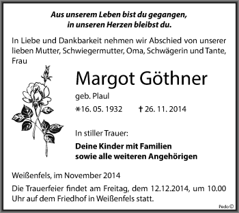 Traueranzeige von Margot Göthner von WVG - Wochenspiegel NMB / WSF / ZTZ