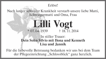 Traueranzeige von Lilli Vogt von WVG - Wochenspiegel NMB / WSF / ZTZ