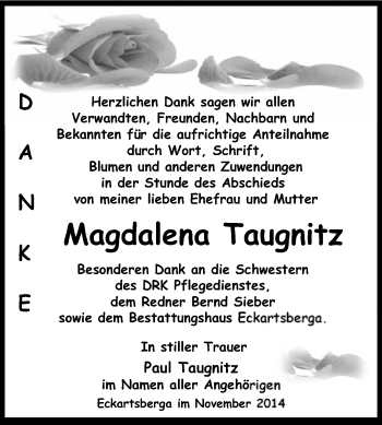 Traueranzeige von Magdalena Taugnitz von WVG - Wochenspiegel NMB / WSF / ZTZ