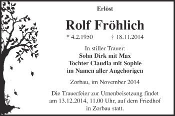 Traueranzeige von Rolf Fröhlich von WVG - Wochenspiegel NMB / WSF / ZTZ