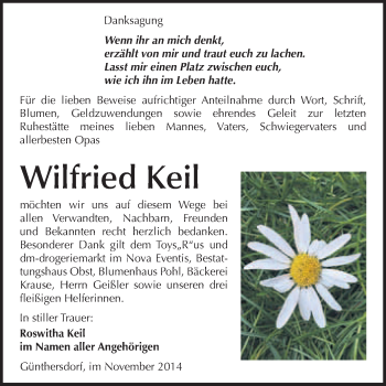 Traueranzeige von Wilfried Keil von WVG - Wochenspiegel Merseburg