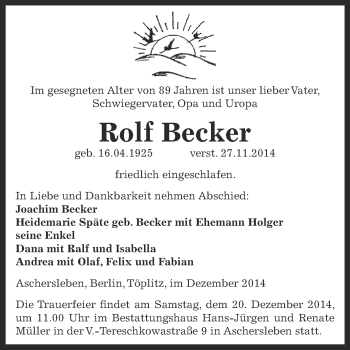 Traueranzeige von Rolf Becker von WVG - Wochenspiegel Aschersleben