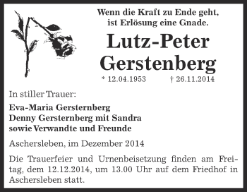 Traueranzeige von Lutz Peter Gerstenberg von Super Sonntag Aschersleben
