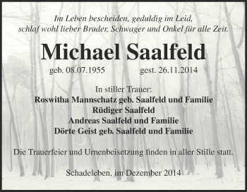 Traueranzeige von Michael Saalfeld von Super Sonntag Aschersleben