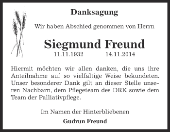 Traueranzeige von Siegmund Freund von Super Sonntag Bernburg