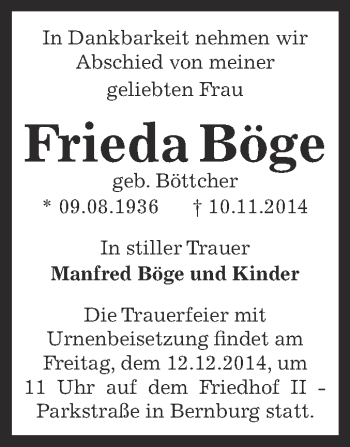 Traueranzeige von Frieda Böge von Super Sonntag Bernburg