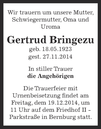 Traueranzeige von Gertrud Bringezu von Super Sonntag Bernburg