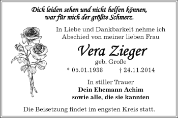 Traueranzeige von Vera Zieger von WVG - Wochenspiegel Dessau / Köthen