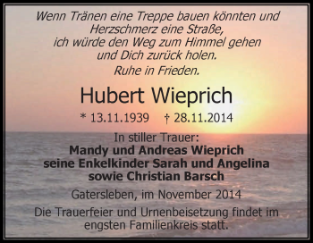 Traueranzeige von Hubert Wieprich von WVG - Wochenspiegel Aschersleben