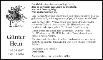 Traueranzeige von Günter Hein von WVG - Wochenspiegel Aschersleben