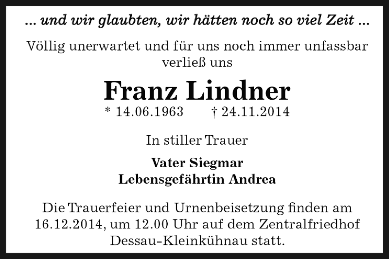  Traueranzeige für Franz Lindner vom 07.12.2014 aus WVG - Wochenspiegel Dessau / Köthen