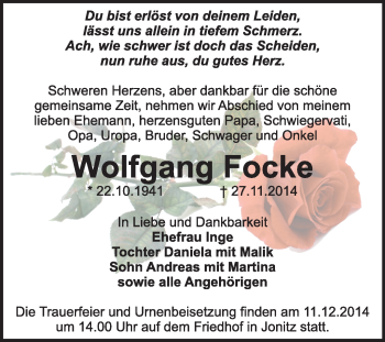 Traueranzeige von Wolfgang Focke von Super Sonntag Dessau / Köthen