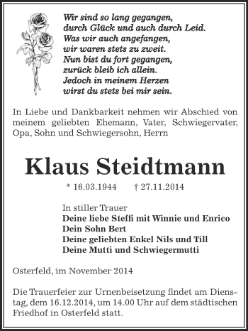 Traueranzeige von Klaus Steidtmann von Super Sonntag Zeitz