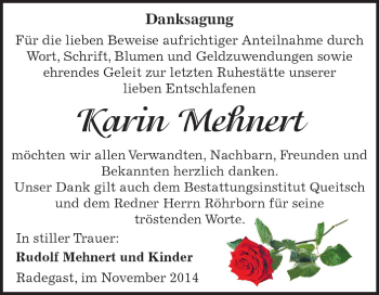 Traueranzeige von Karin Mehnert von WVG - Wochenspiegel Dessau / Köthen