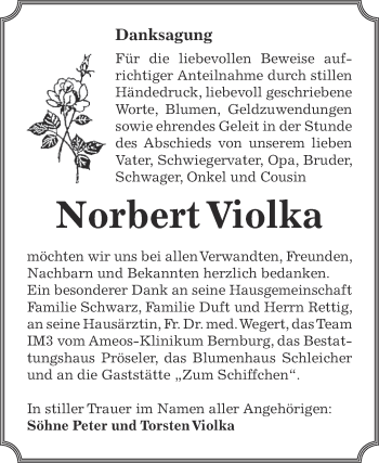 Traueranzeige von Norbert Violka von Super Sonntag Bernburg
