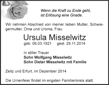 Traueranzeige von Ursula Misselwitz von Super Sonntag Zeitz
