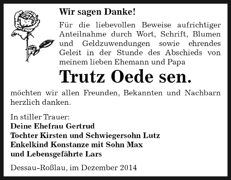  Traueranzeige für Trutz Oede vom 07.12.2014 aus WVG - Wochenspiegel Dessau / Köthen