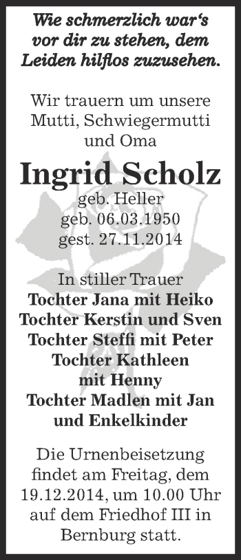 Traueranzeige von Ingrid Scholz von Super Sonntag Bernburg