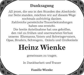 Traueranzeige von Heinz Wienke von Super Sonntag Aschersleben