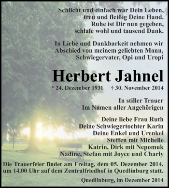 Traueranzeige von Herbert Jahnel von WVG - Wochenspiegel Quedlinburg
