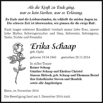 Traueranzeige von Erika Schaap von WVG - Wochenspiegel Dessau / Köthen