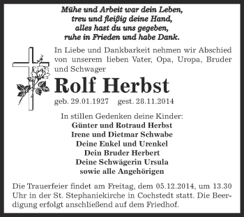 Traueranzeige von Rolf Herbst von WVG - Wochenspiegel Aschersleben