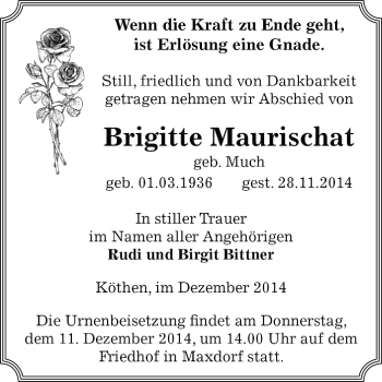 Traueranzeige von Brigitte Maurischat von WVG - Wochenspiegel Dessau / Köthen