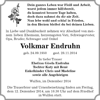 Traueranzeige von Volkmar Endruhn von WVG - Wochenspiegel Dessau / Köthen