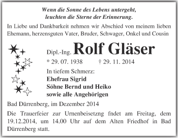 Traueranzeige von Rolf Gläser von Super Sonntag Merseburg