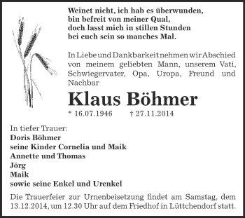 Traueranzeige von Klaus Böhmer von Super Sonntag SGH Mansf. Land