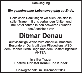 Traueranzeige von Ditmar Denau von Super Sonntag Wittenberg
