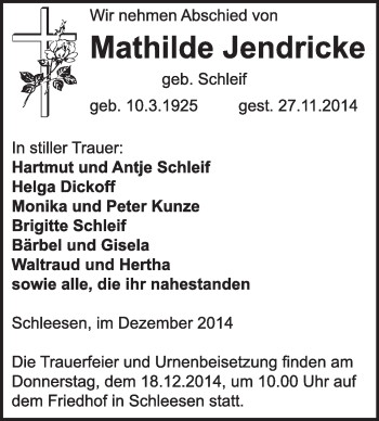 Traueranzeige von Mathilde Jendricke von WVG - Wochenspiegel Wittenberg