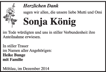 Traueranzeige von Sonja König von WVG - Wochenspiegel Wittenberg