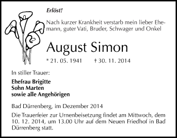 Traueranzeige von August Simon von WVG - Wochenspiegel Merseburg