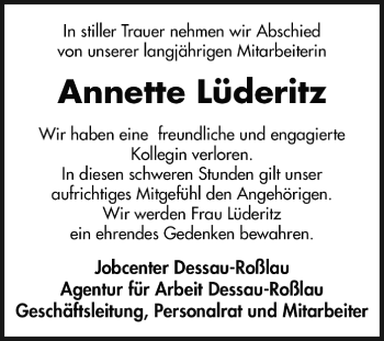 Traueranzeige von Annette Lüderitz von WVG - Wochenspiegel Dessau / Köthen