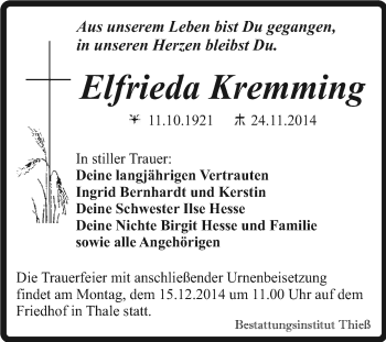 Traueranzeige von Elfrieda Kremming von Super Sonntag Quedlinburg