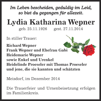 Traueranzeige von Lydia Katharina Wepner von Super Sonntag Aschersleben