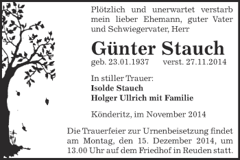 Traueranzeige von Günter Stauch von Super Sonntag Zeitz